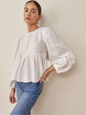 Reformation Rumí White Peplum Balloon-Sleeve Blouse